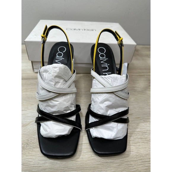 NWB Calvin Klein Womens Black 10M Miu Strappy Sandals Black White Yellow - Picture 1 of 8